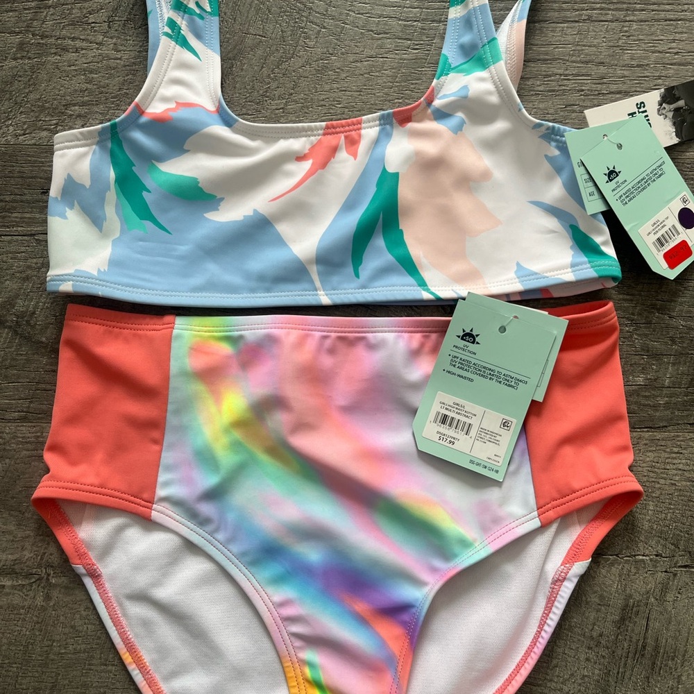 DSG Girls' Two-Piece Bikini Set in Coral, Light Blue & Multicolor